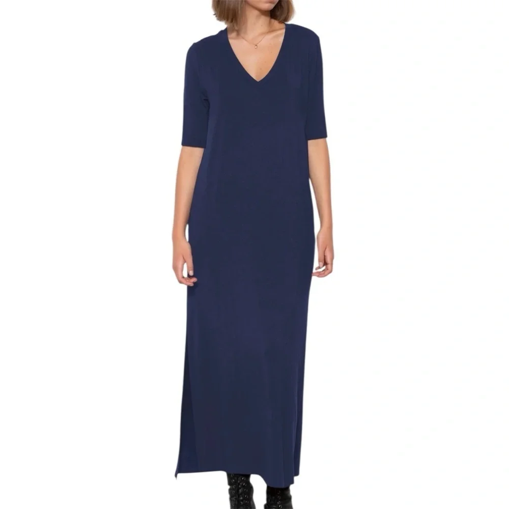 Eileen Fisher Jersey Knit Long Midi Navy Dress L Minimalist